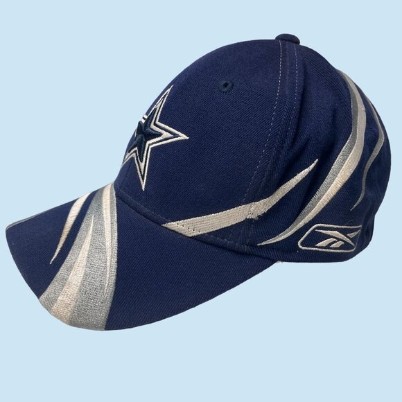VTG 90s Dallas Cowboy NFL Hat‎ Cap Mens Fitted Navy Blue Reebok White Flames - Picture 3 of 9